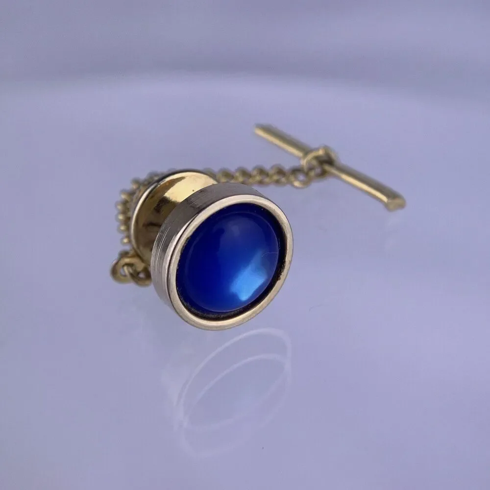 Blue Cabochon Gold Tone Tie Tack Pin Round Simple Formal Wedding Vintage